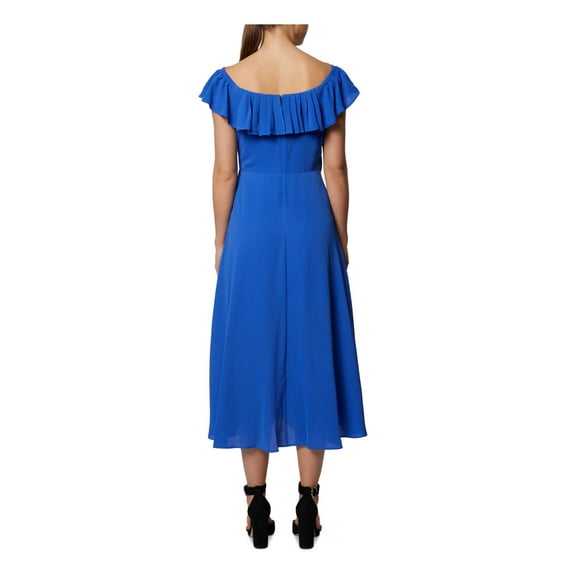 BCBGeneration Womens Blue Stretch Zippered Ruffled Textured Flutter Sleeve Off Shoulder Midi Party Sheath Dress 0