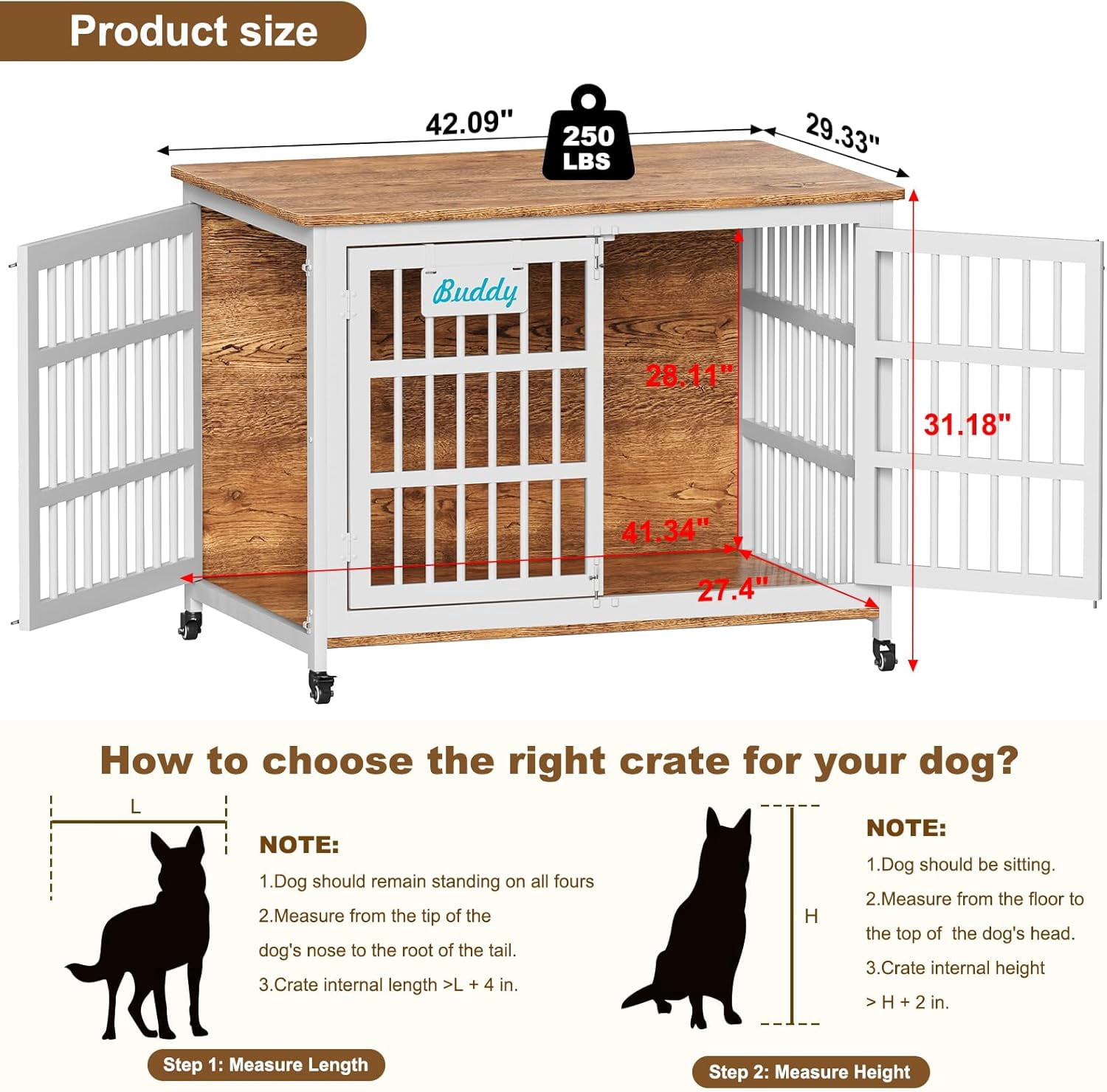 POAO 42"XL Heavy Duty Dog Crate Furniture with Casters, Dog Kennel Indoor for Large and Medium Dogs, Double-Doors Sturdy Dog Cage for Anxiety Dog