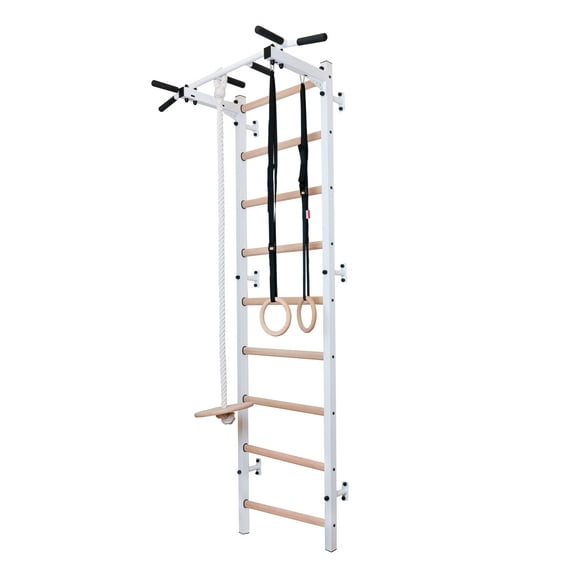 BenchK 721 White   A204 Wall bars with fixed steel 6-grip pull-up bar and gymnastic accessories