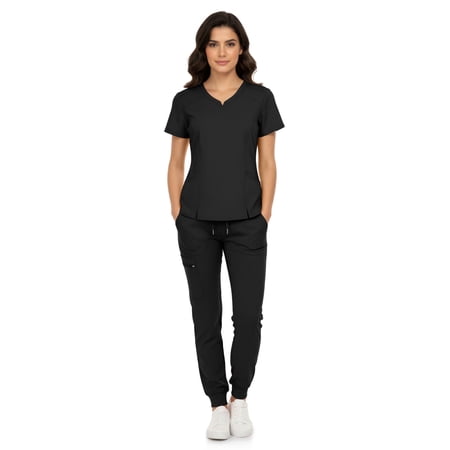 MediChic Women’s Premium Scrub Set – V-Neck Notch Scrub Top & 6-Pocket Jogger Scrub Pants, 4-Way Stretch, Medical Uniform Black Medium