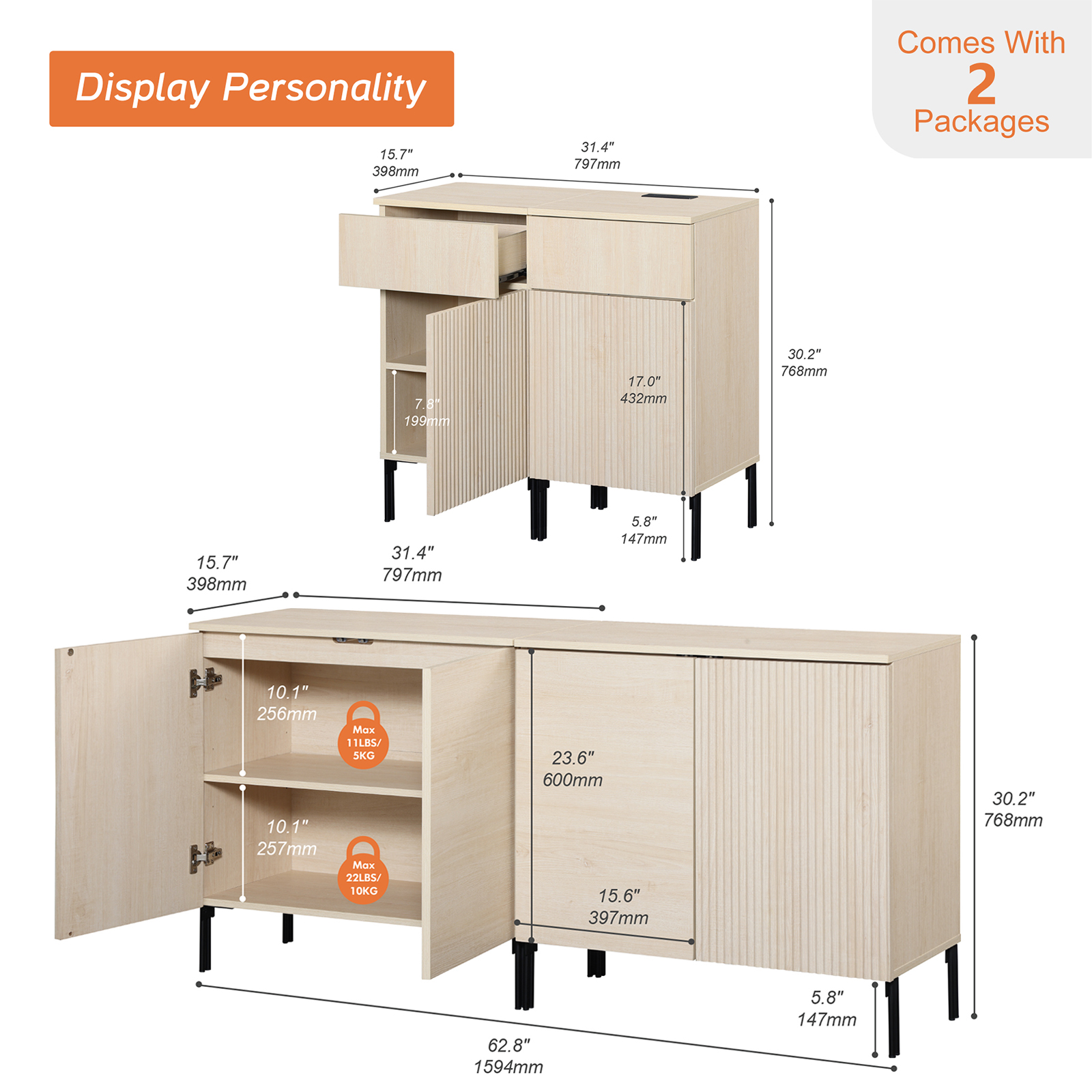 4 Pcs Bedroom Set，Reeded Dresser and Nightstand Sets for Bedroom, Wooden Dresser Set with Adjustable Shelves, Night Stand of 2 with Charging Station