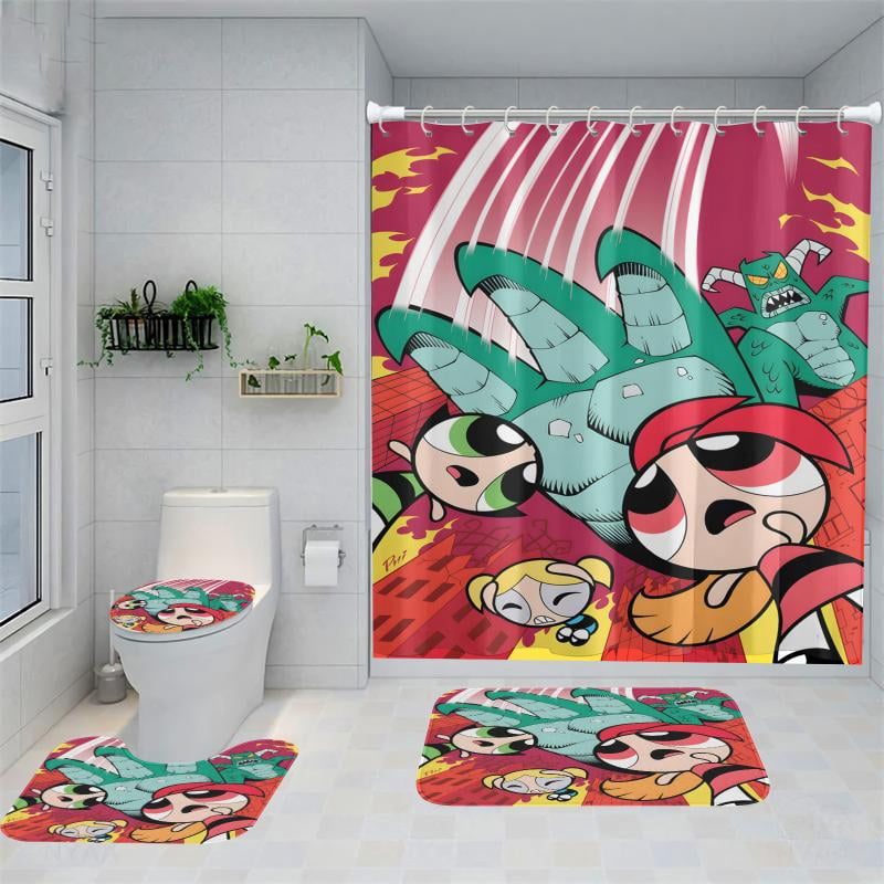 Lheaggik Cartoon Powerpuff Girl 4 Pcs Bathroom Sets with Shower Curtain and Rugs, Waterproof Polyester Shower Curtain Sets with Hooks