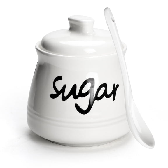 Ceramic Sugar Bowl with Lid and Spoon, 12 Ounces Porcelain Jar Dispenser, Coffee Sugar Container(White)