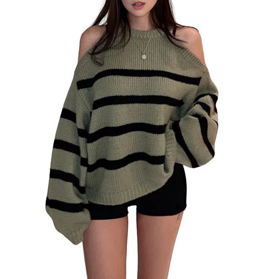 Pullover Knit Sweaters for Women Loose Fit Striped Long Sleeve Casual Fall Fashion Tops Sex-Y Cold Shoulder Matcha Color One size