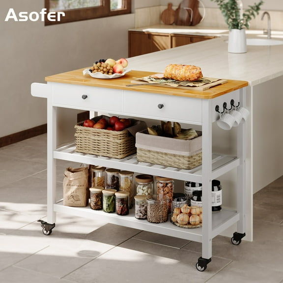 Asofer Kitchen Island Cart with 2-Level Open Storage Shelves, 2 Drawer, for Dining Room, bar, White