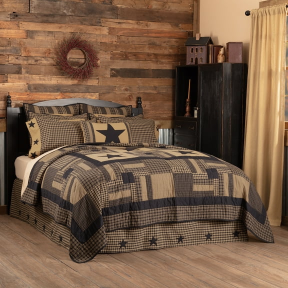 VHC Brands Black Check Star 4 Piece King Quilt Set (1 King Quilt, 2 King Shams, 1 King Bed Skirt)