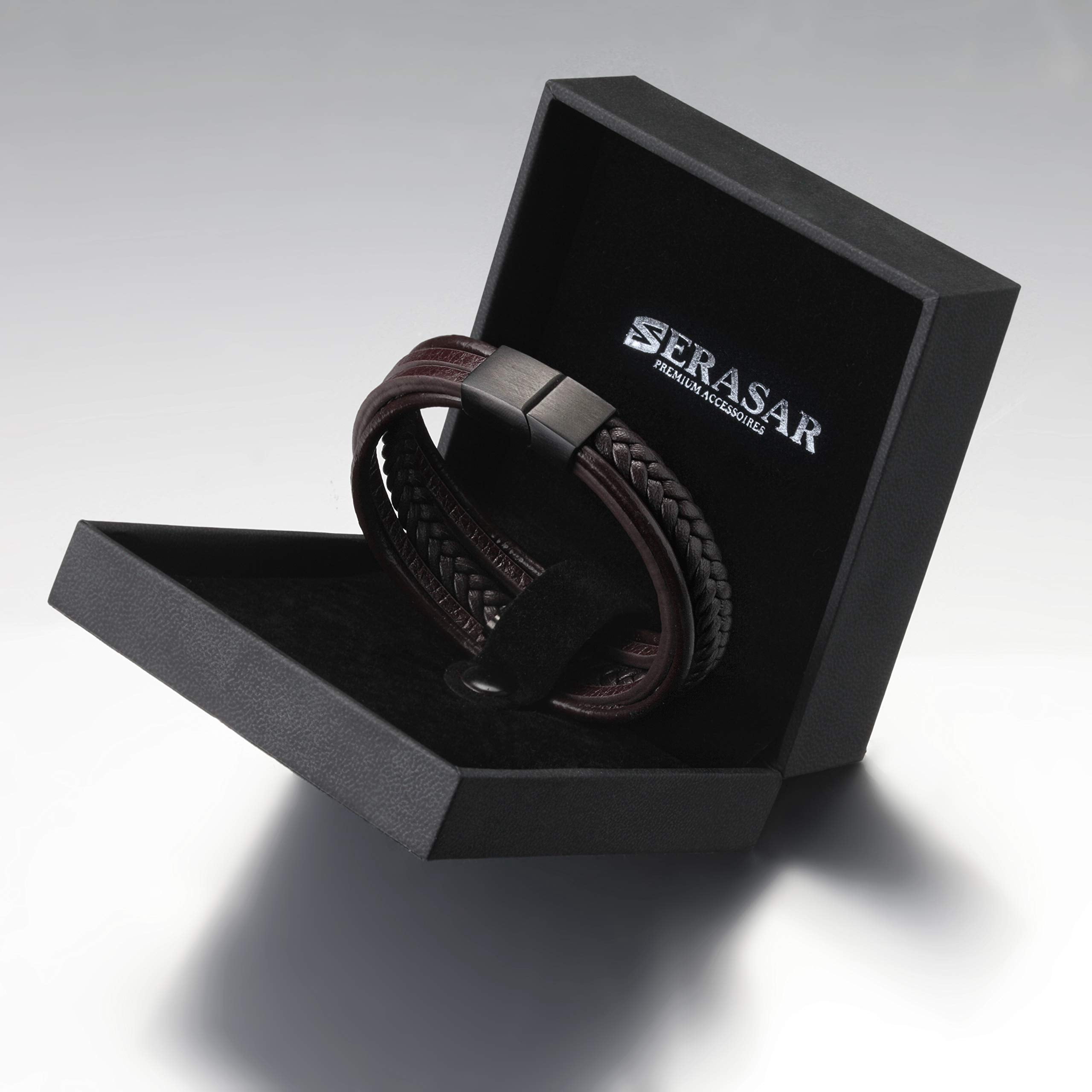 SERASAR Men's Genuine Leather Bracelet "Braid" with stainless steel magnetic closure, Brown 21cm, including gift box
