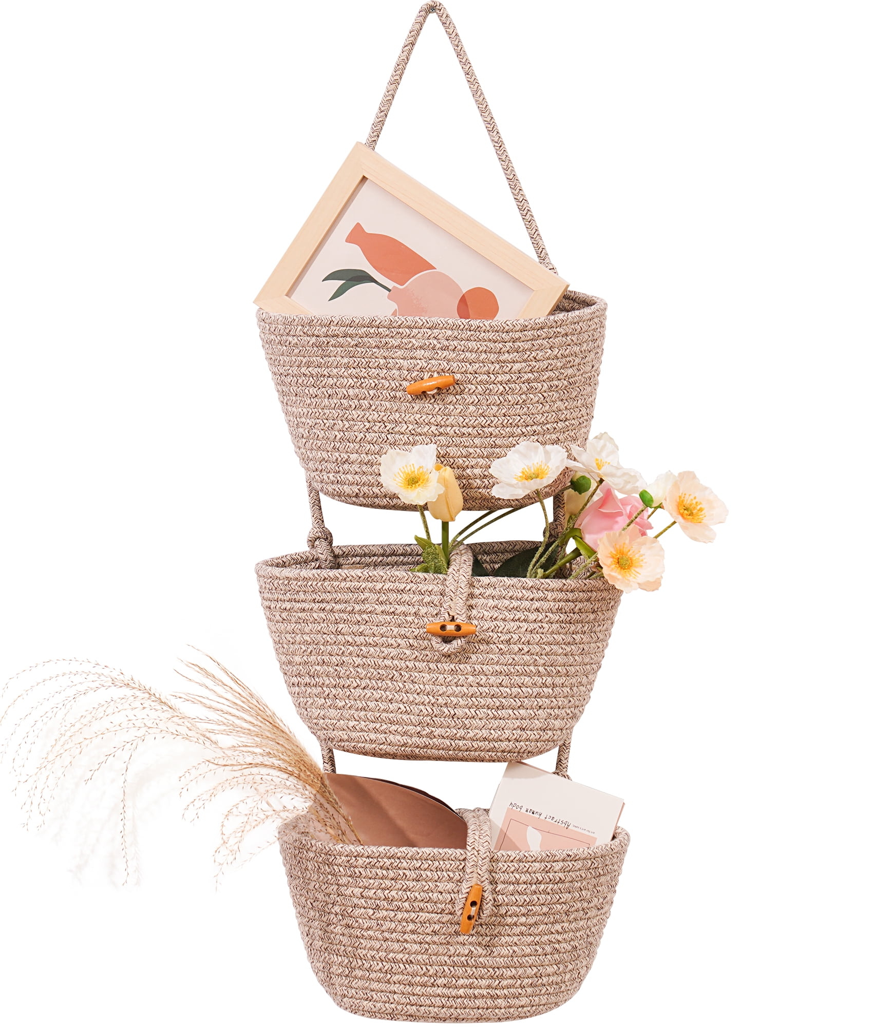 Rolife Hanging Over The Door Basket for Organizing,3 Tiers Woven Cotton