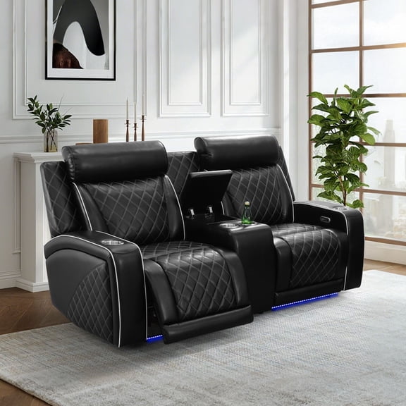 Electric Power Recliner Loveseat with USB Ports and Cup Holders, 3 Seater Leather Reline Couch Home Theater for Living Room, Black