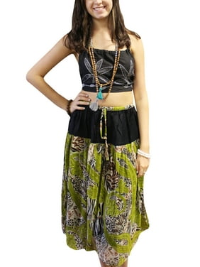 Mogul Women's Floral Maxi Skirt Green Black Summer Boho Chic Gypsy Skirts M