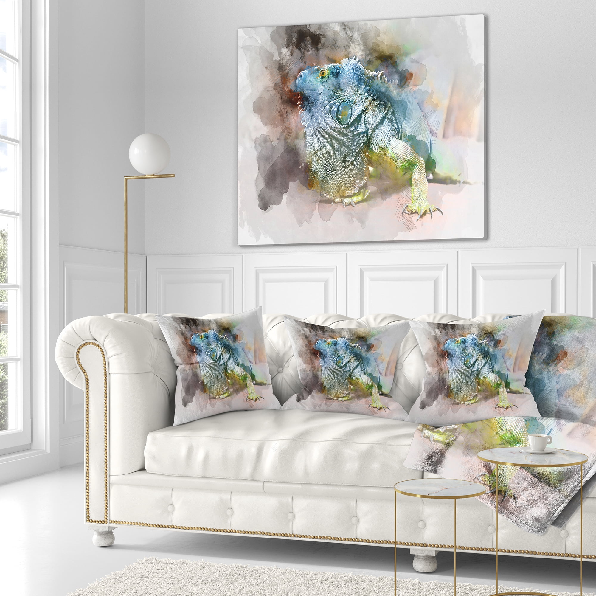 Designart Green Iguana Close Up Painting - Abstract Throw Pillow - 18x18