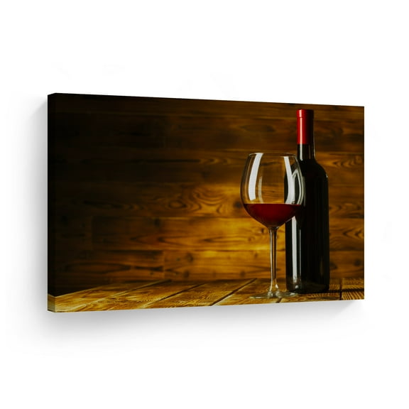 Smile Art Design Still Life Red Wine Bottle and Glass Rustic Kitchen Canvas Wall Art Print Restaurant Cafe Bar Pub Man Cave Dining Room Farmhouse Decor Modern Housewarming Gift Ready to Hang 19x28