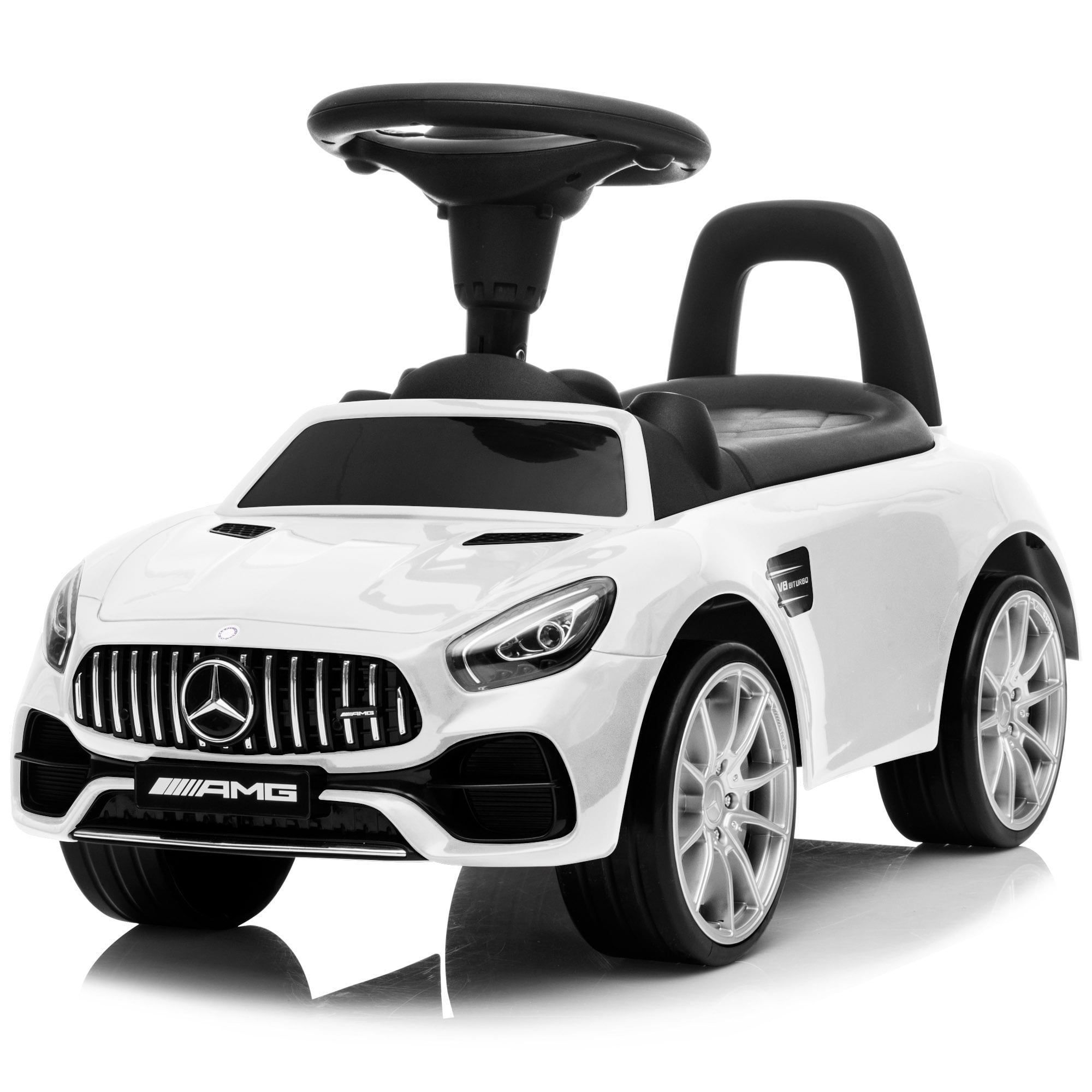 Licensed Mercedes AMG GT Ride On Push Car with Horn Engine Sound Kidzone Kids Push and Ride Racer Foot-to-Floor Sliding Car Push Cart for Toddler White Under Seat Storage 