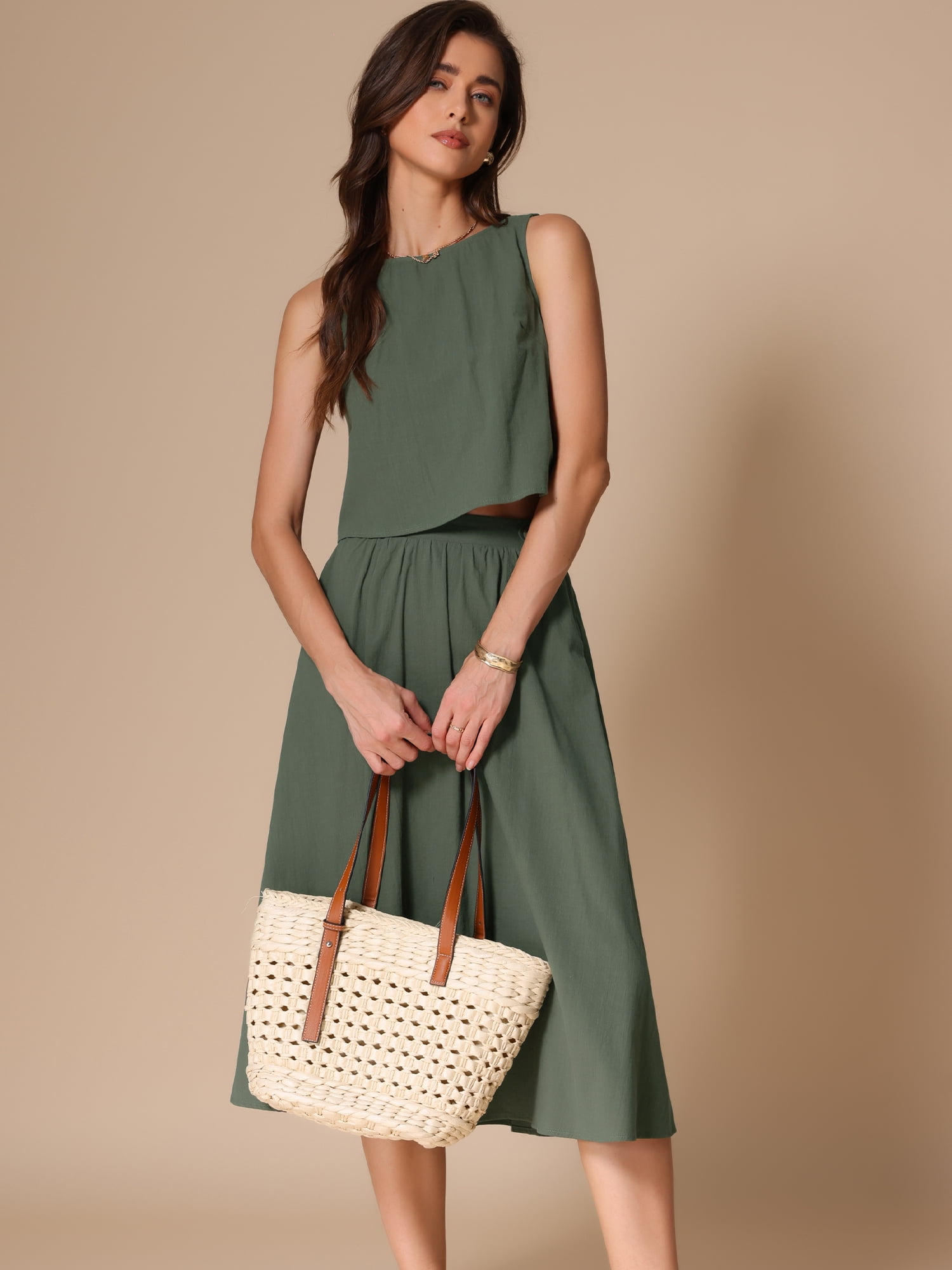DARING DIVA Women's 2 Piece Round Neck Sleeveless Crop Top Midi Skirt Suit Set M Army Green