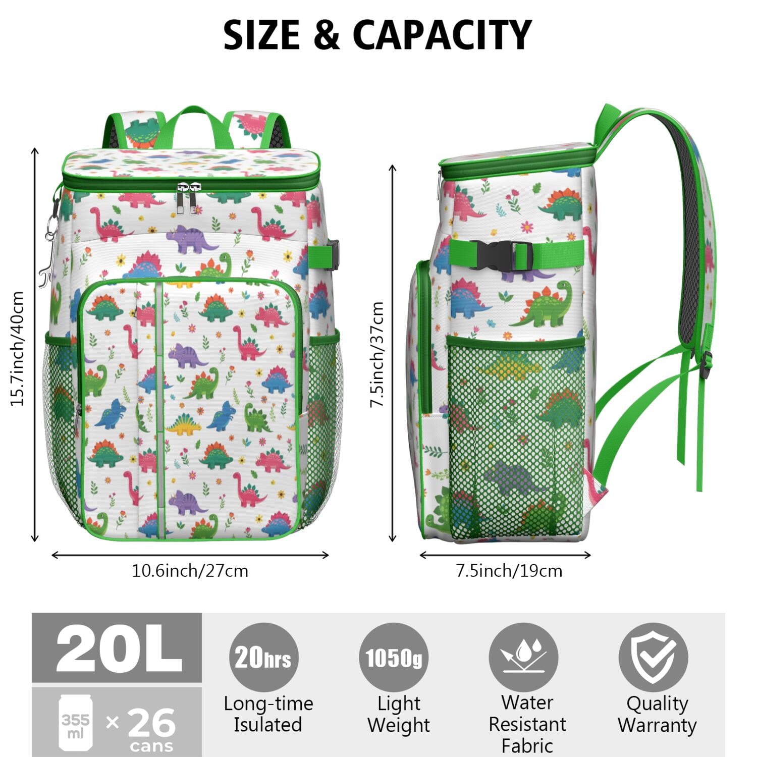 Travel Cooler Bag - White Cartoon Dinosaurs Flowers Pattern Camping Beer Cooler Backpack with Bottle Opener- Waterproof Insulated Picnic Backpacks - Cooler Bag for Beach