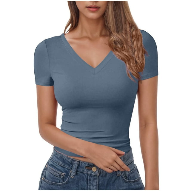 Timegard Hauts de Sortie pour Femmes Col en V Ajusté Confortable Couleur Unie Manches Courtes Tee Décontracté