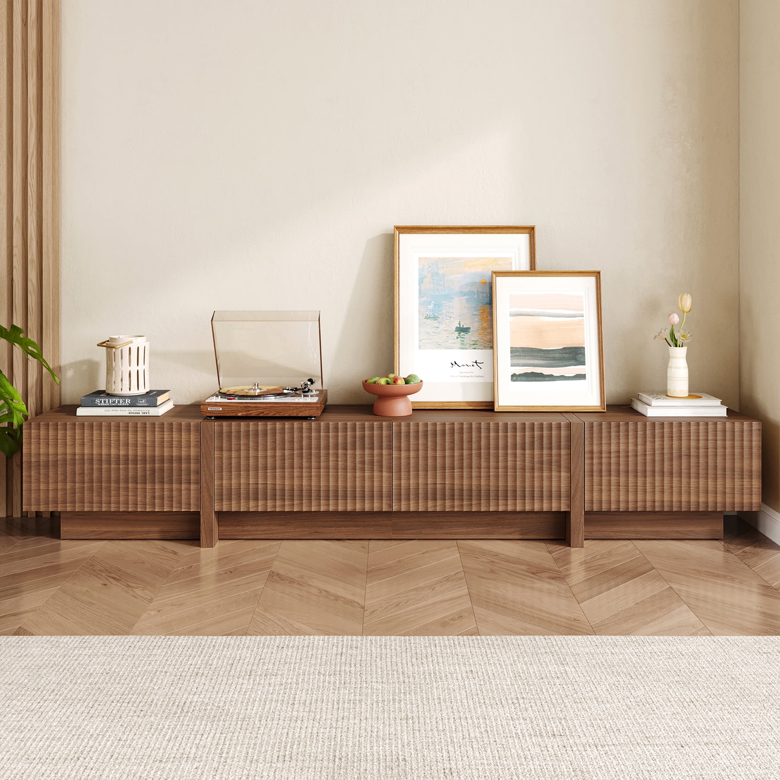 98" Walnut Modern TV Stand, Large Entertainment Center with Drawers & Storage Compartments, Fits 55"-95" TVs for Living Room