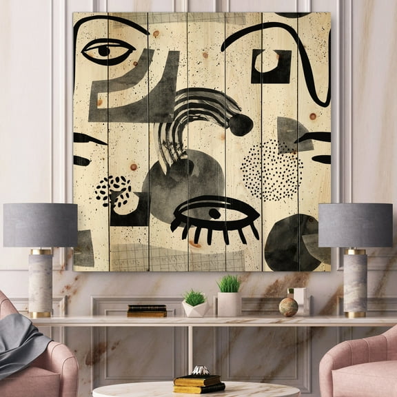 Designart 'Collage of Eyes And Doodles In Contemporary Style II' Modern Print on Natural Pine Wood
