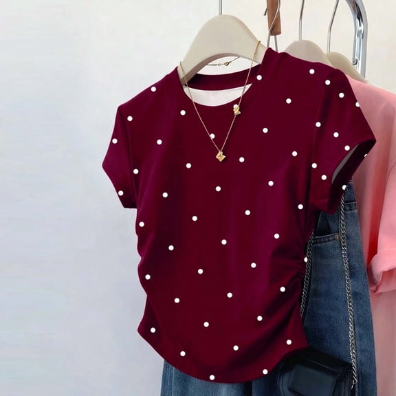 Womens Print Shirts Slim Fit Side Ruched Short Sleeve Top 2026 Trendy Summer Crew Neck Casual Blouse for Everyday Wear