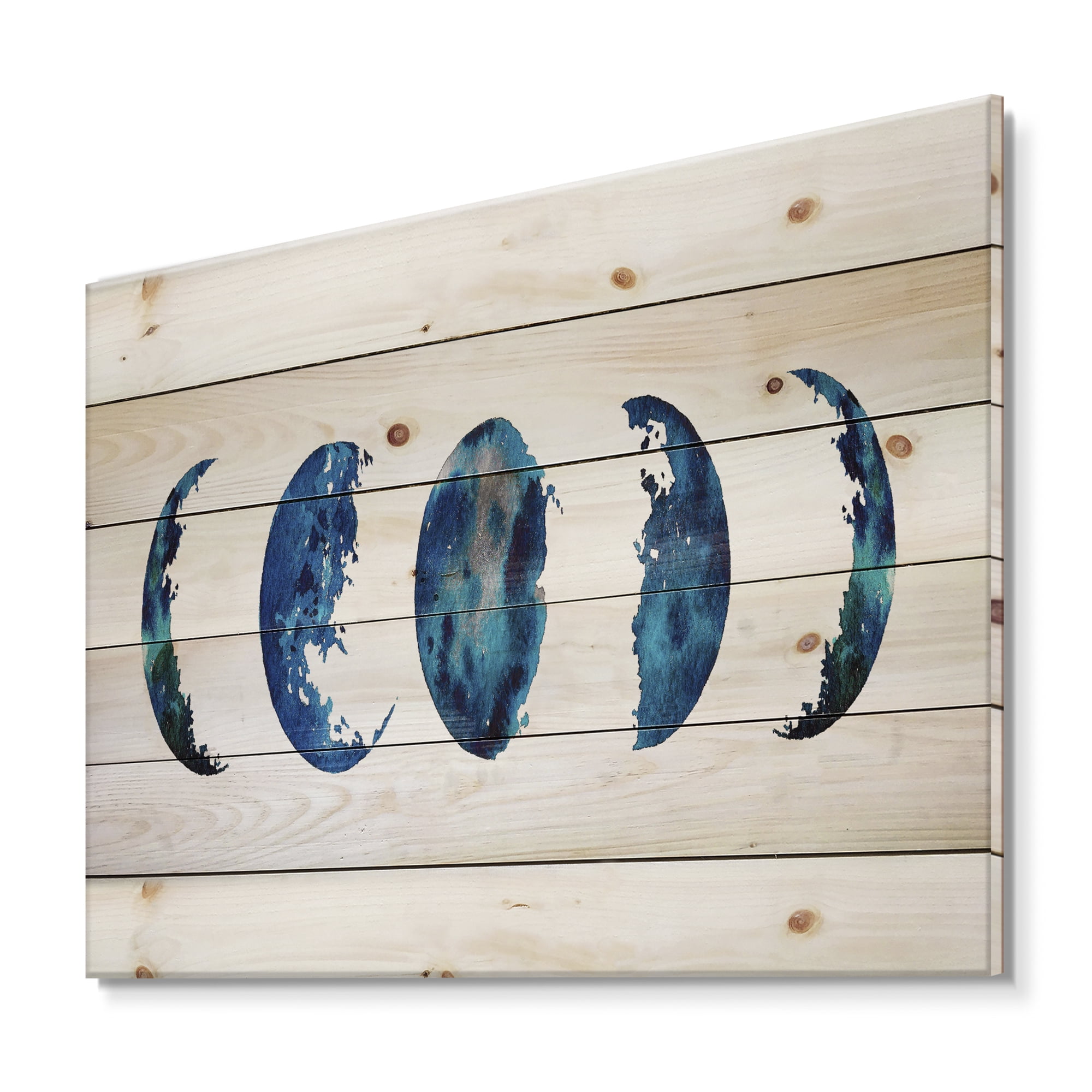 Designart 'Blue Moon Different Phases' Bohemian & Eclectic Print on Natural Pine Wood