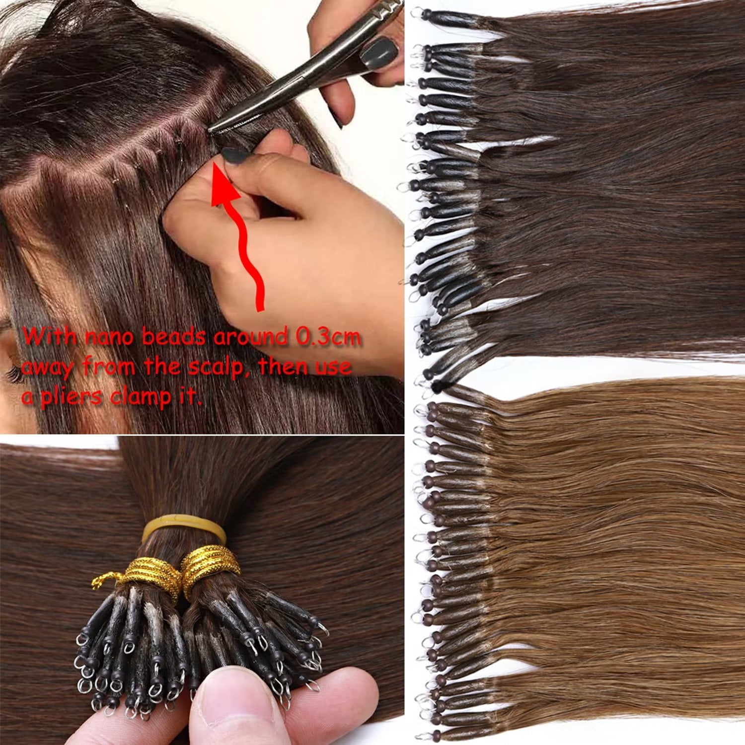 Benehair Human Hair Extensions 1g Nano Ring I Tip Remy Hair Loop in Microlink Full Head Women Seamless Brown 50g