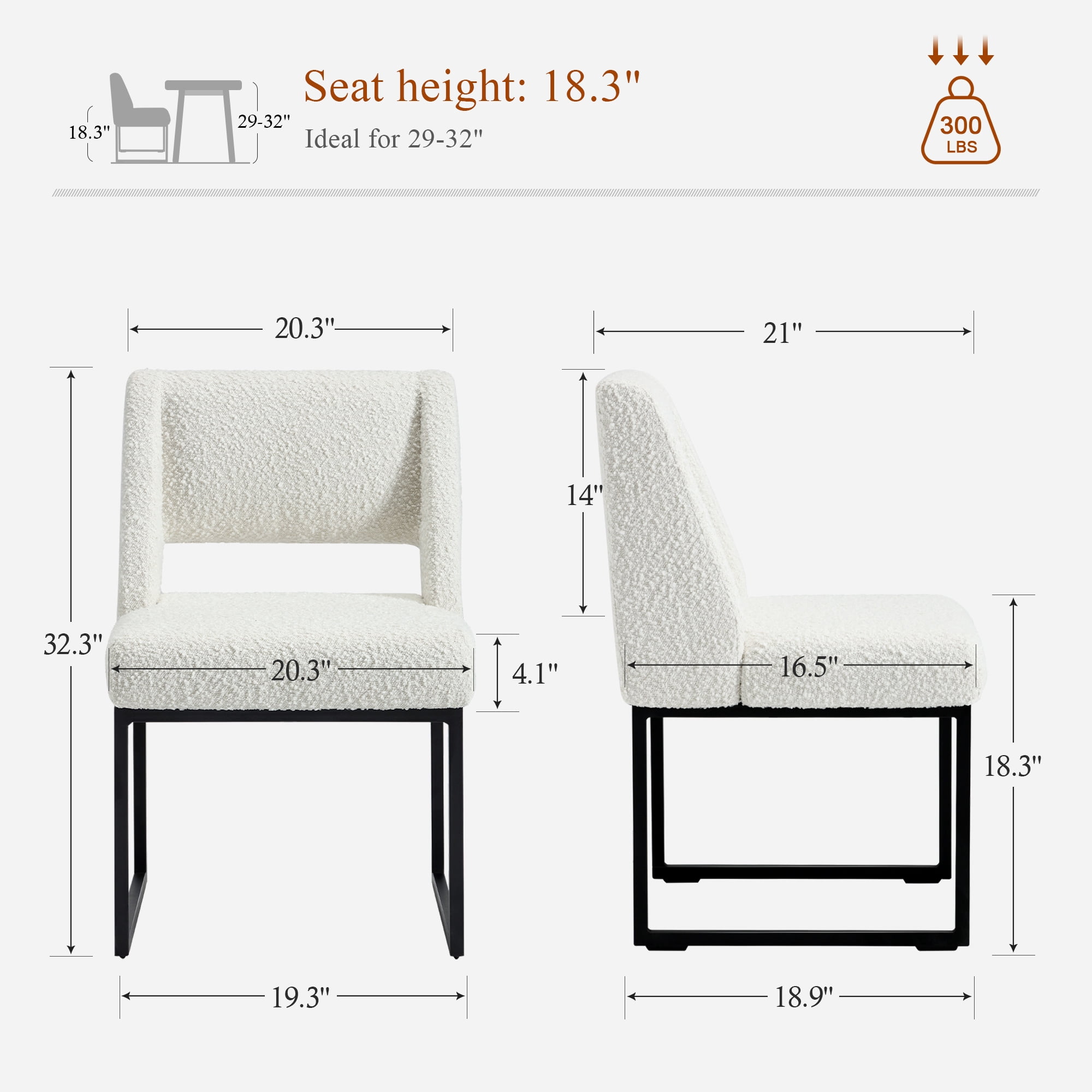 Zesthouse 18.3" Modern Dining Chairs Set of 4, Boucle Fabric Dining Room Chairs with High Back and Metal Legs, Armless Upholstered Side Chair for Dining Room Kitchen, White