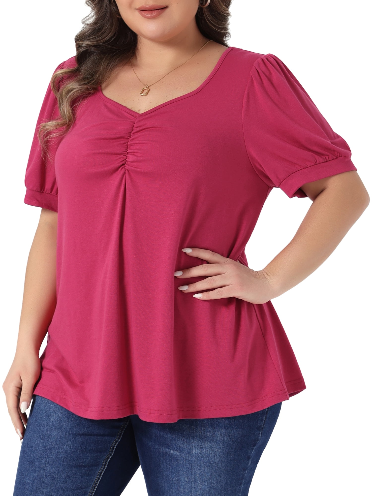 DARING DIVA Women's Plus Neck Puff Sleeve Casual Blouse Tee Shirt 2X Rose Red