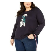 TOMMY HILFIGER Womens Navy Printed Long Sleeve Jewel Neck Top Plus Size: 2X