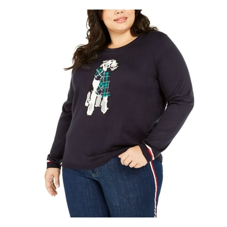 TOMMY HILFIGER Womens Navy Printed Long Sleeve Jewel Neck Top Plus Size: 2X
