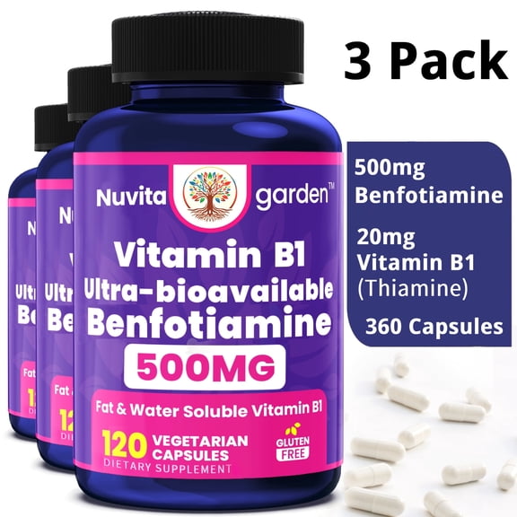 3 Pack Vitamin B1 with Benfotiamine 500mg Per Serving, 120 Caps | Ultra-Bioavailable B Vitamins Supplement
