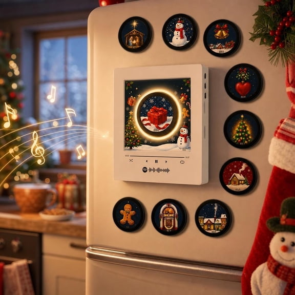 hristmas Vinyl Player Fridge Record Magnet Music Player Set,Mini Vinyl Record Player with 8 NFC Discs and LED Acrylic Frame,Magnetic Music Box Refrigerator Jingle Magnet for Christmas Decor Gift