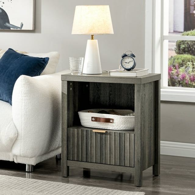 OAKHAM Table de Chevet avec Station de Charge, Tables de Chevet avec Ports USB/Type-C, Table d'Appoint de Style Ferme, Chêne Minuit