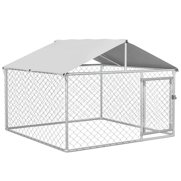 6.6'x6.6' Large Outdoor Dog Kennel w/ Chain Link Fence, Waterproof Roof, Secure Lock, Silver