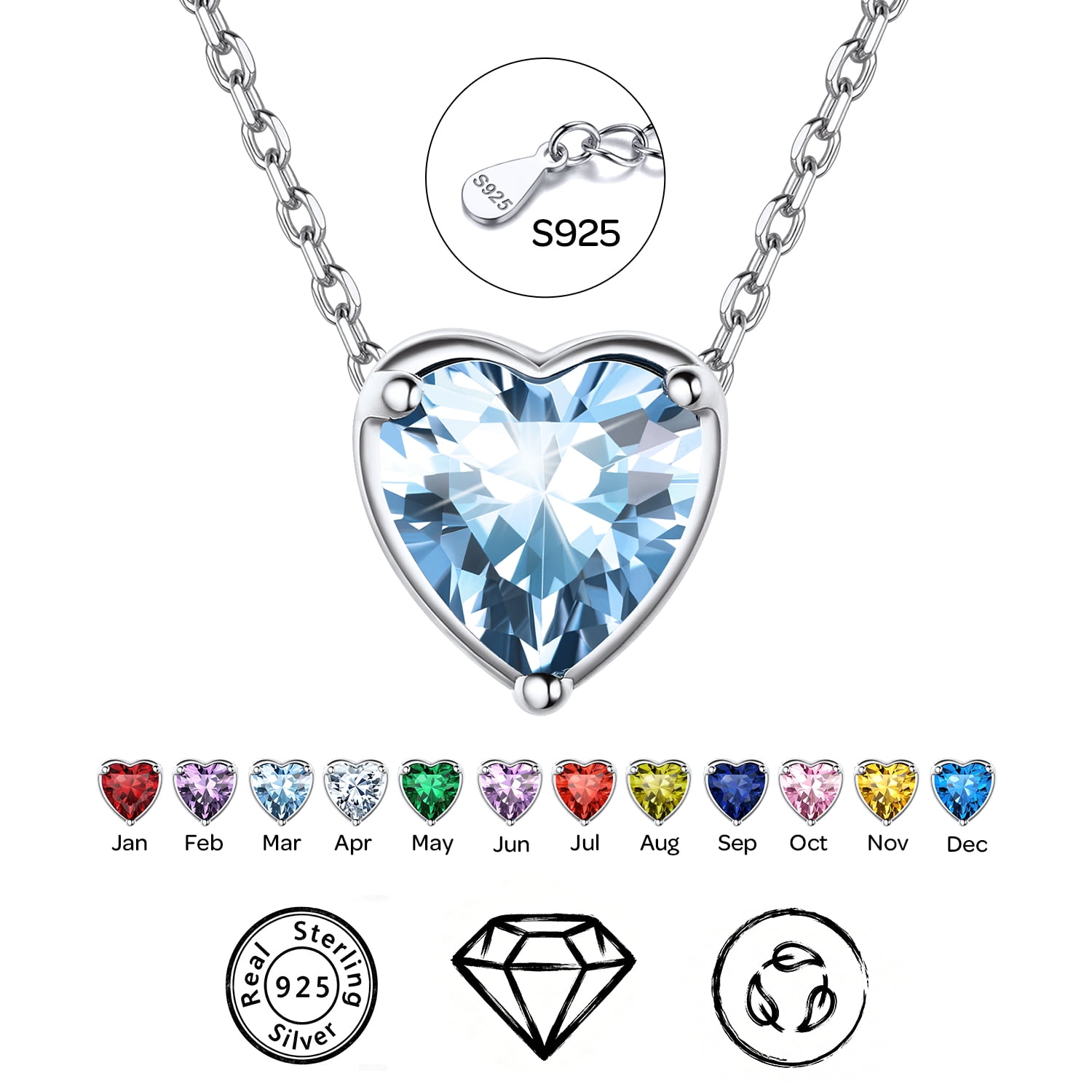ChicSilver 925 Sterling Silver Heart Birthstone Necklace for Women, 12 Month Gemstone Pendant 16" + 2" Adjustable Chain Birthday Gift for Mom Her