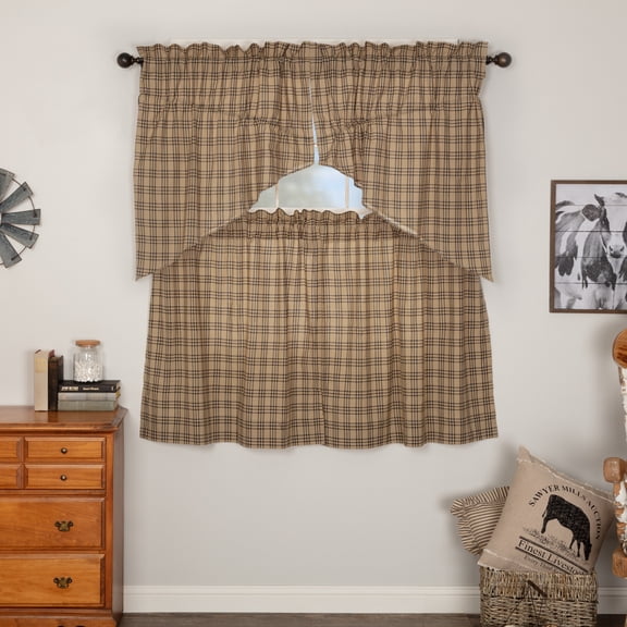 VHC Brands Sawyer Mill Charcoal 4 PC Plaid Curtain Set (2 Prairie Swag 36x18 and 2 Tier 36x36)