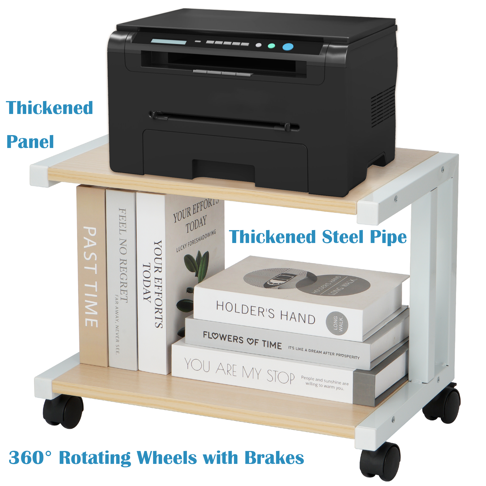 Petoto Printer Stand, 2 Tier Rolling Printer Cart with Wheels, Under Desk Printer Stand for Office, Home