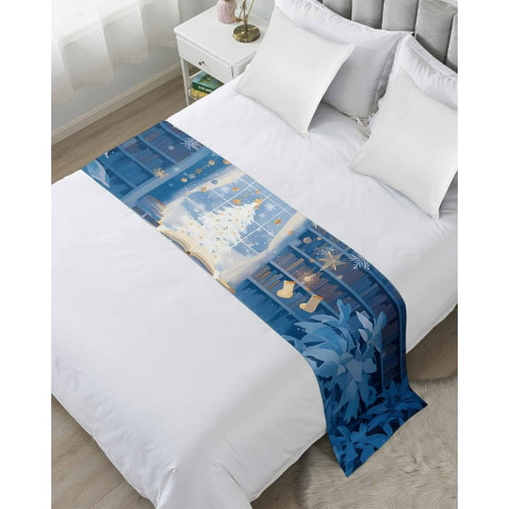 Blue Christmas Bed Runner for Twin Size Bed, Xmas Tree Snowflake Winter Bedspread Protector Slipcover Bed Scarf for Foot Bed Runners & Scarves for Bedroom Hotel Wedding Room 71x20 Inches