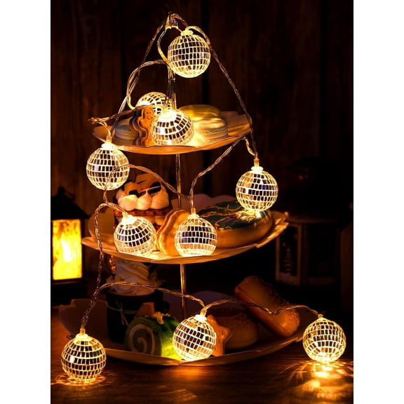 GoXteam 10 LED Battery Operated Disco Mirror Ball LED String Lights for Wedding Bridal Decor, Party Cake Table, Garden Party, Warm White