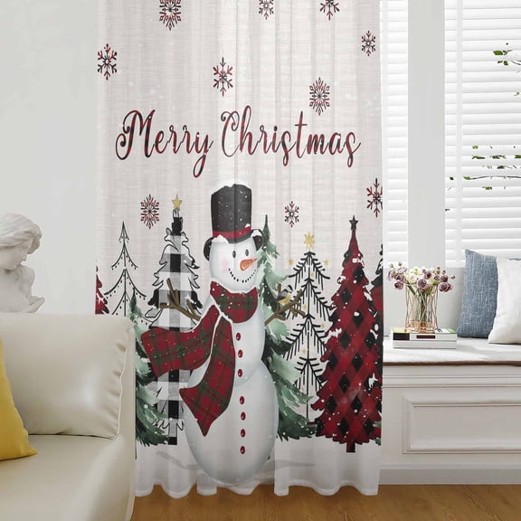 Beige Christmas Semi Sheer Curtains Drapes for Living Room,Bedroom,French Doors Window 96 Inches Long,Snowman Plaid Xmas Tree Winter Snowflake Rod Pocket Chiffon Curtain Voile Drapery Panel