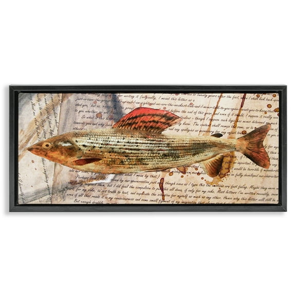 Stupell Industries Fish with Vintage Text Animals & Insects Painting Black Floater Framed Canvas Art Print Wall Art, 25 x 11