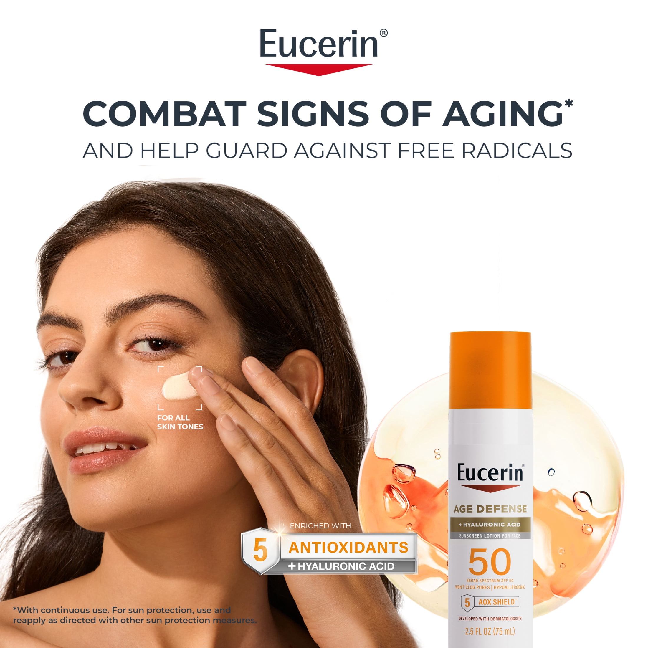 Eucerin Sun Age Defense Face Sunscreen Lotion SPF 50 with Hyaluronic Acid, 2.5 fl oz