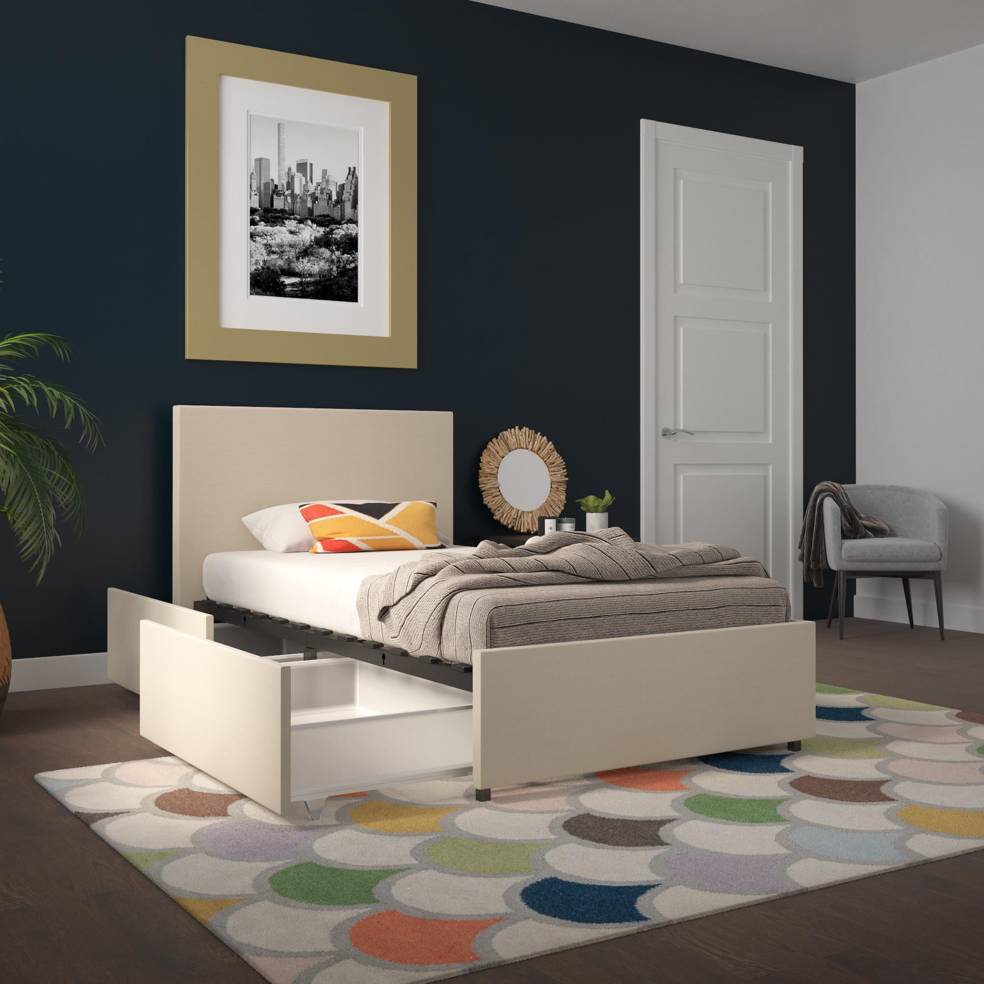 Novogratz Kelly Upholstered Bed with Storage, Ivory Linen, Twin