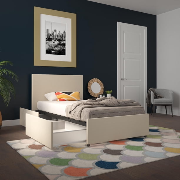 Novogratz Kelly Upholstered Bed with Storage, Ivory Linen, Twin