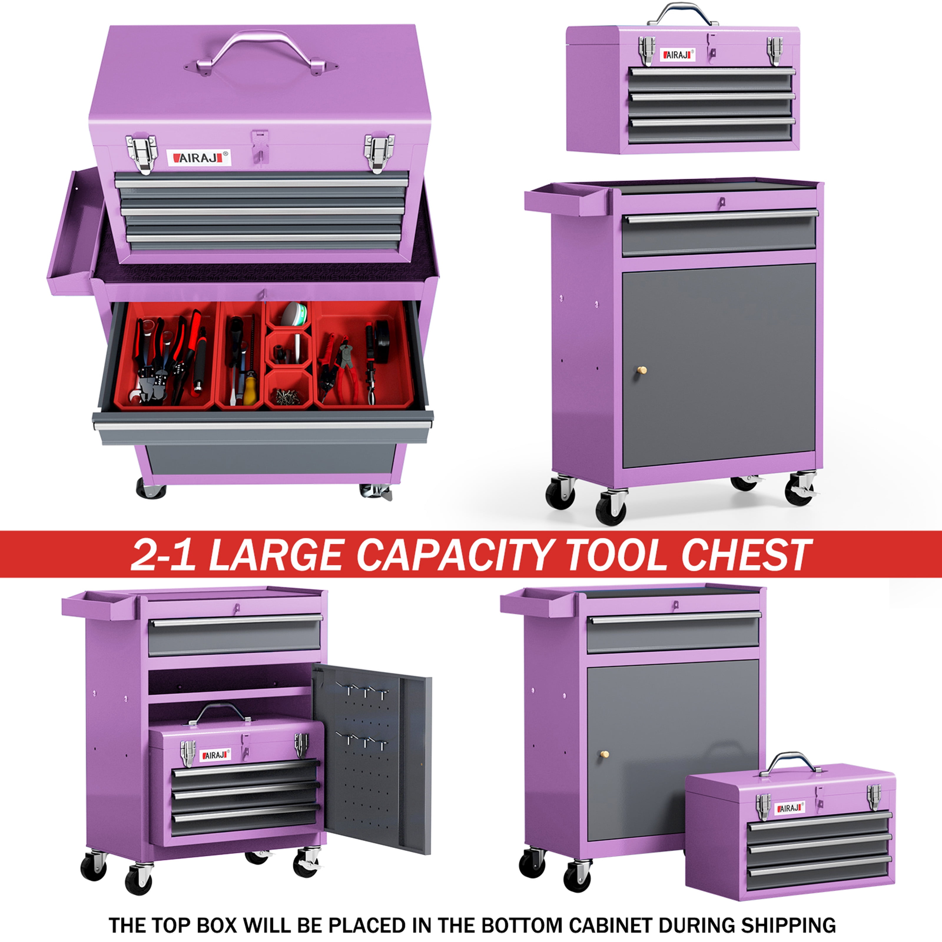 AIRAJ 40" Rolling Tool Cabinet with 4 Drawers, Heavy Duty Metal Tool Chest with Detachable Top Box, Lockable Mobile Storage Organizer for Mechanic, Garage & Professional Workshop (Purple)