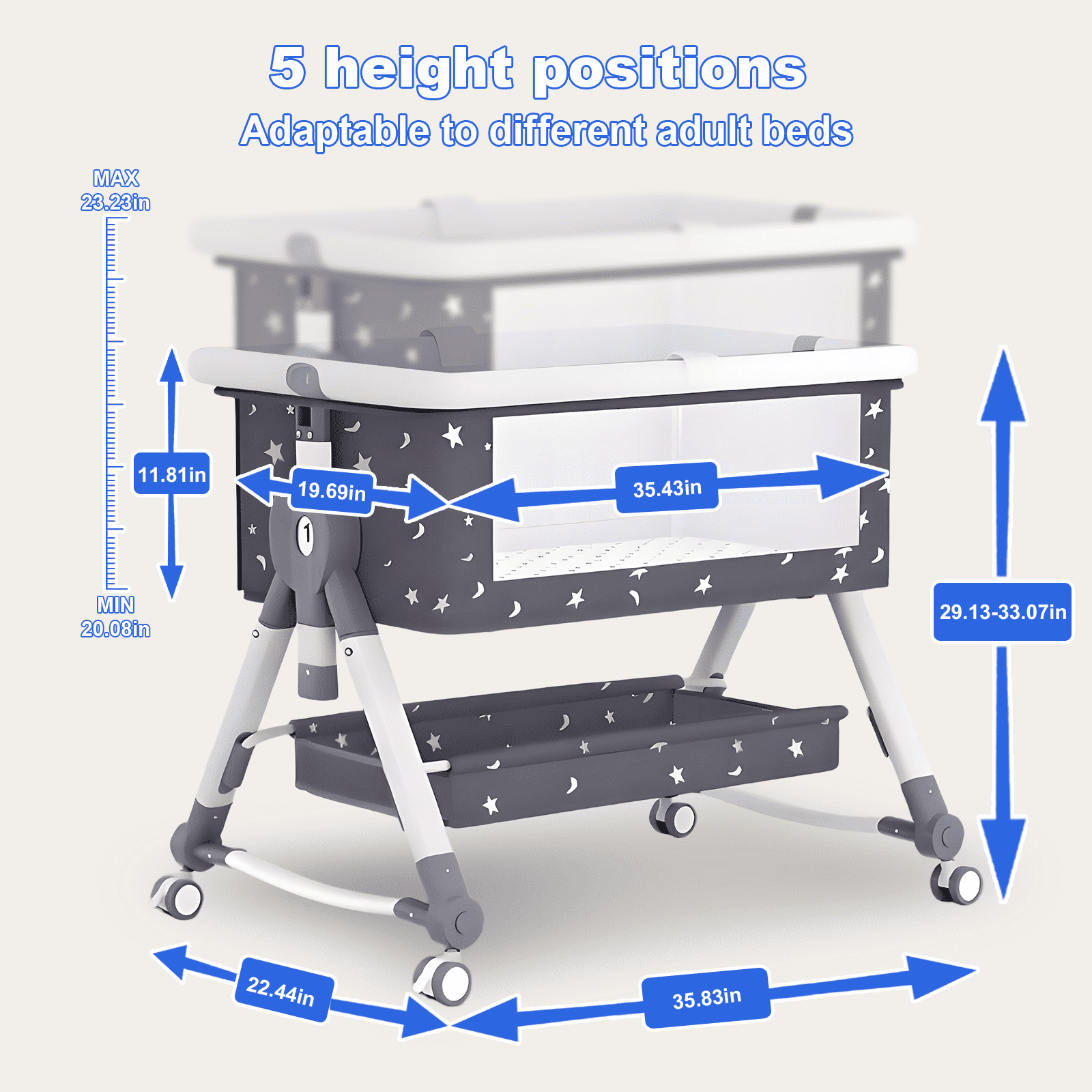 JUANYU Portable Baby Bassinet with 5 Height Adjustments, Changing Table, Large Storage Space, Moyan Starry Sky