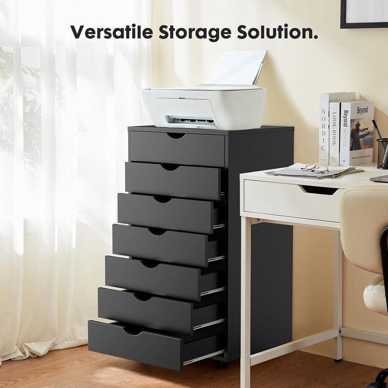 TINKLE WELL 7 Drawer Wooden Rolling File Cabinet, Mobile Compact Storage Dresser for Home Office Organization, Black