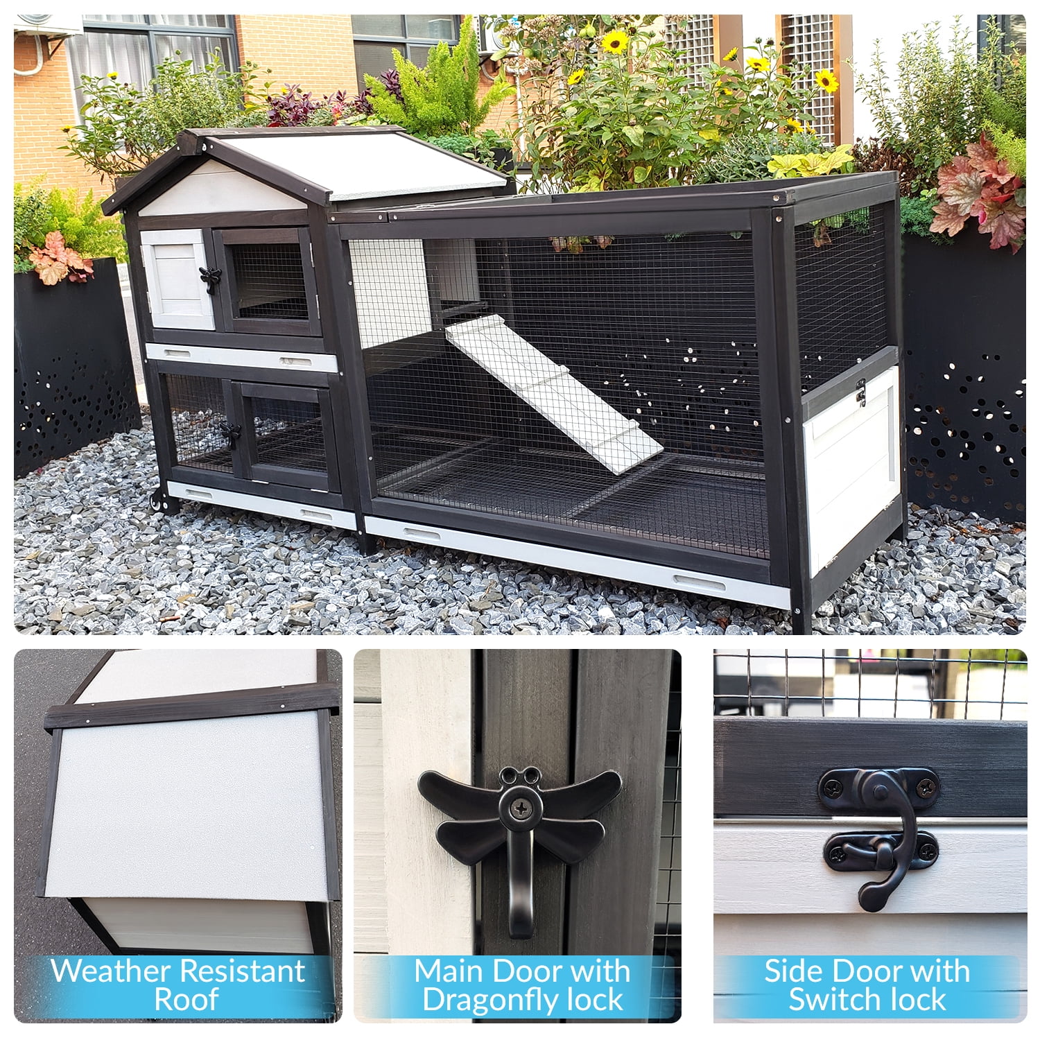Two-Layer Outdoor & Indoor Rabbit Hutch with Waterproof Roof, Removable Wire Mesh bedding area and Ventilation - Wooden Bunny Cage for Rabbit, Chickens
