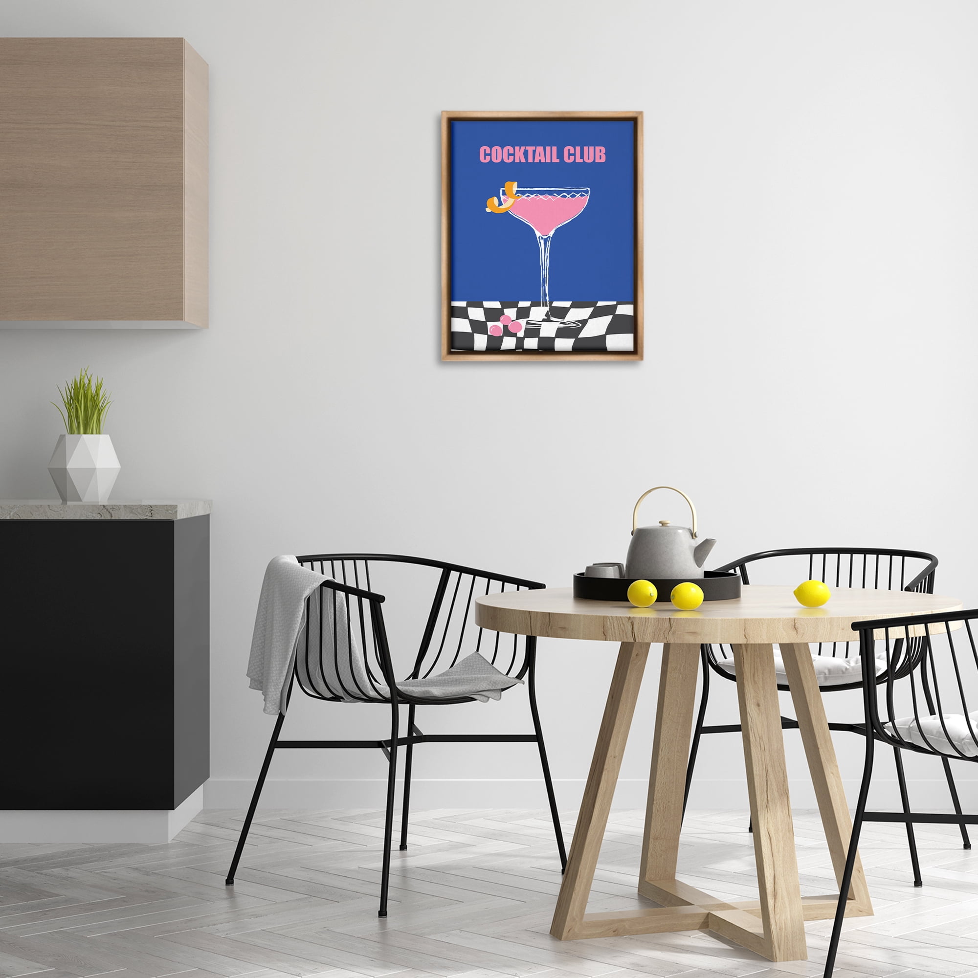 Stupell Industries Cocktail Club on Checkered Food & Beverage Painting Brown Floater Framed Canvas Art Print Wall Art, 17 x 21