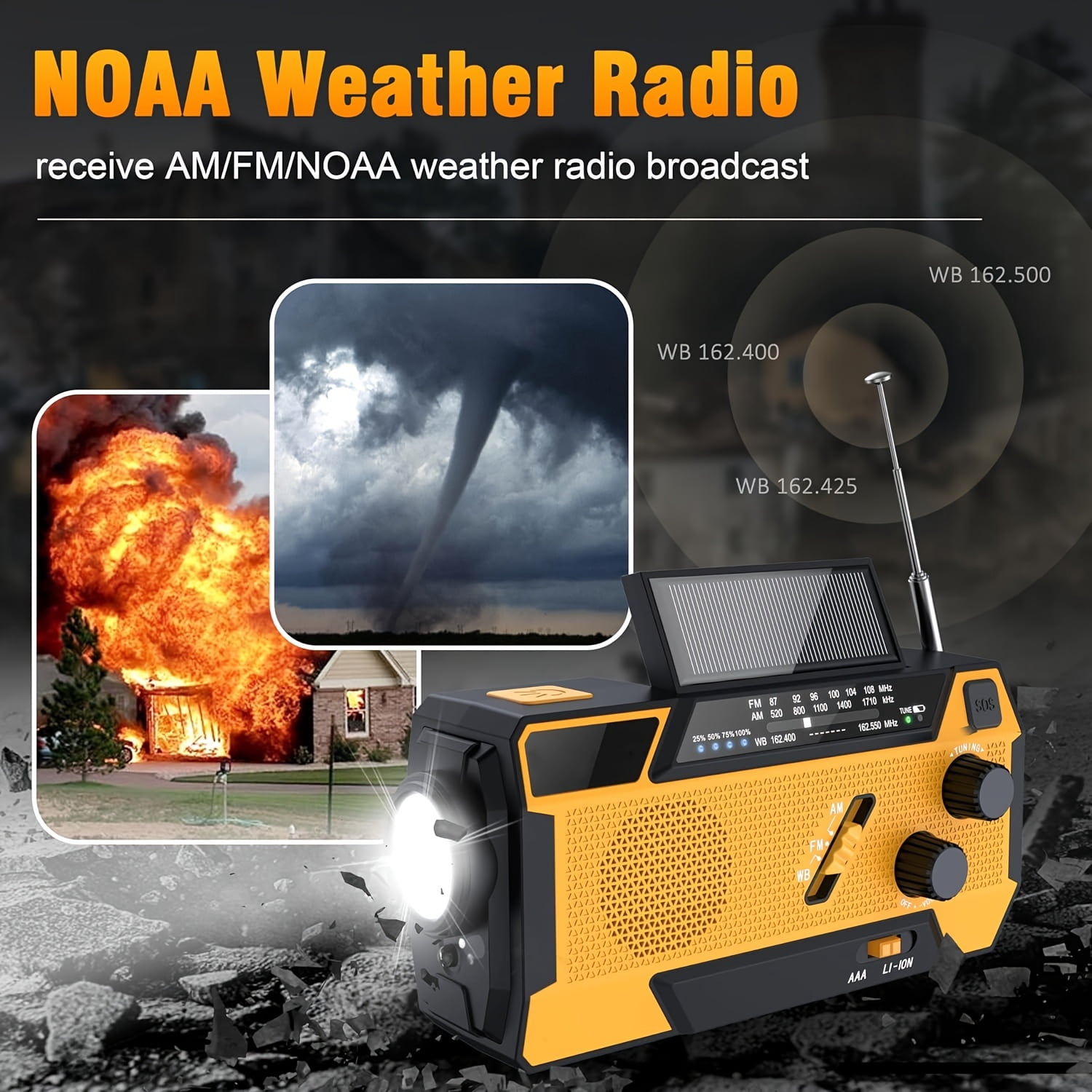 Greadio Emergency Weather Radio, Solar Powered NOAA Hand Crank Radio with Flashlight, Portable Radio, Retail Packaging, Orange, 1 Count