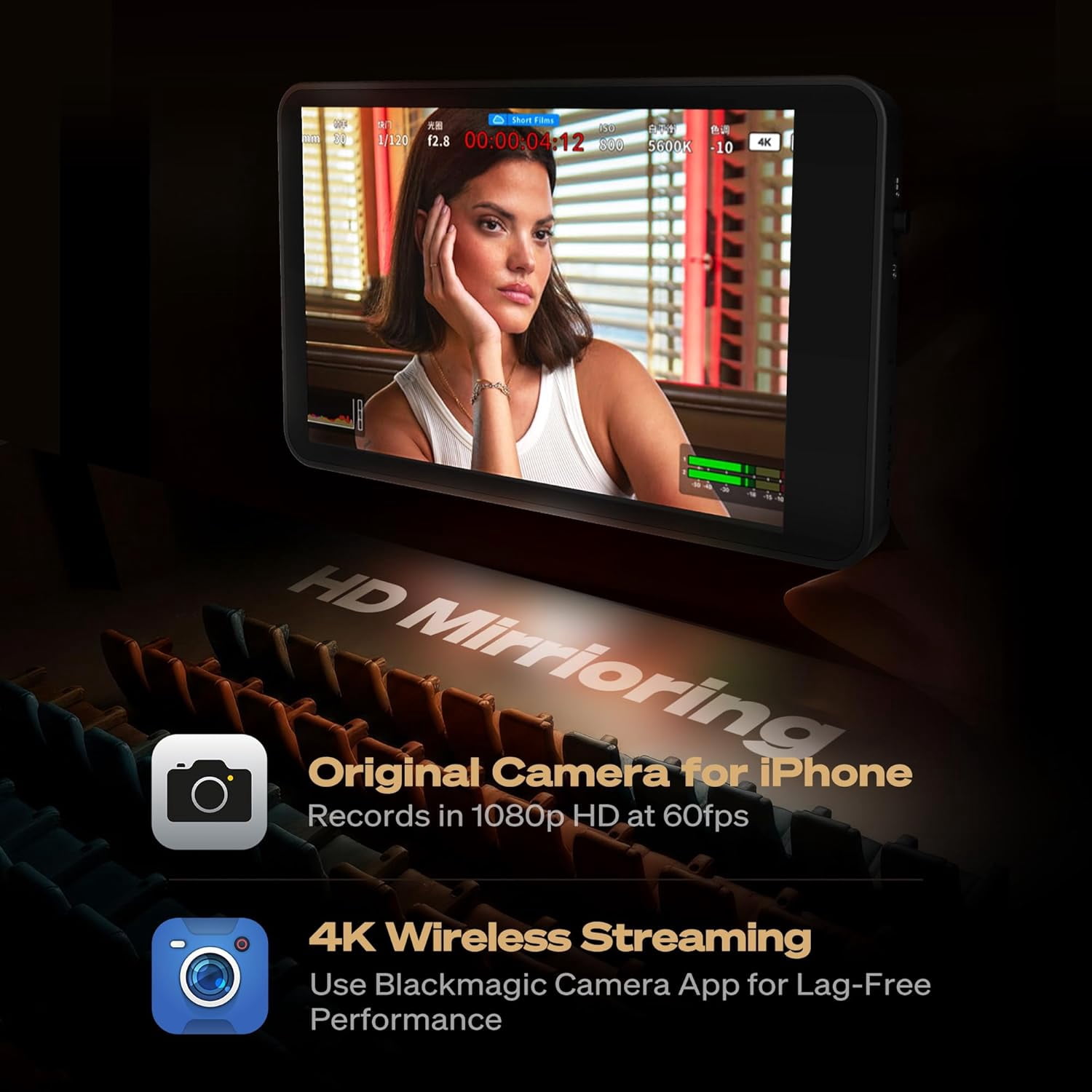 SYNCO XView 4K/1080p Vlog Selfie Monitor Screen Wireless Magnetic Back Camera for iPhone Android Phone, Black